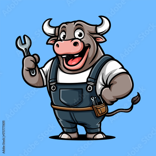 fun bull technician worker cartoon character isolated drawing line style sketch classic vintage design illustration