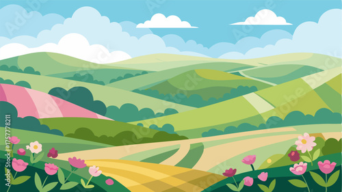 A countryside view of rolling hills accented by patches of pastelhued flowers in every direction.