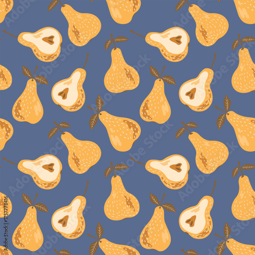 Seamless pattern with pear on color background. Natural delicious fresh ripe tasty fruit. Sweet pears with leaves. Food concept. Vector illustration for print, fabric, textile.