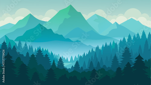 A dense forest carpeting the slopes of hazy mountains the trees disappearing into the haze beyond.