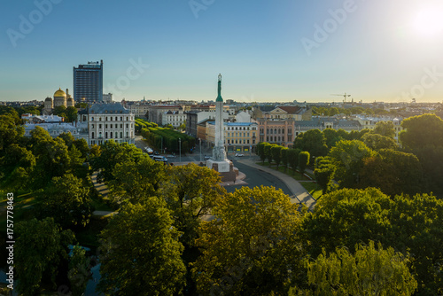 Birds eye view of the old city of Riga and statue of liberty - Milda.