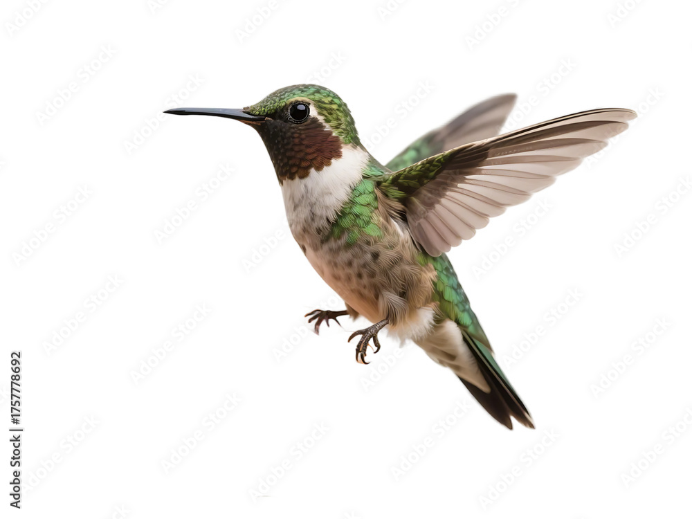 Fototapeta premium A small hummingbird with green, white, and brown plumage is shown in mid-flight with its wings extended.