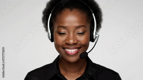 Smiling black woman wearing a headset and black shirt, isolated on white background