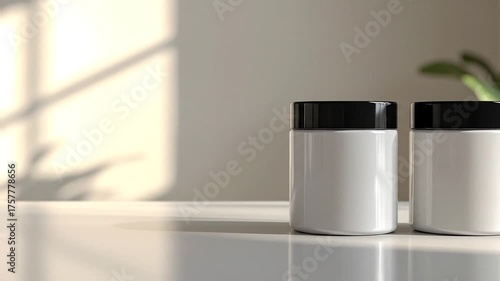 Wallpaper Mural Three White Jars with Black Lids on a White Surface. Torontodigital.ca