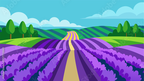 A carpet of lavender blooms spreads out over the land creating a stunning contrast against the green fields and clear blue sky above.
