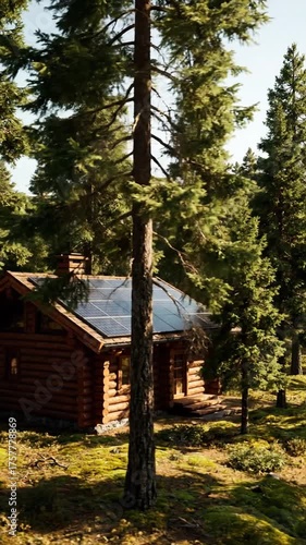 Wooden cabin nestled in a forest with sunlight shining through trees