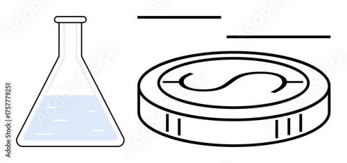 Laboratory flask partly filled with liquid beside a coin with currency symbol. Ideal for innovation, research funding, science, investment, finance, business strategy, education. Simple flat metaphor