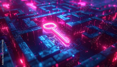 Futuristic neon key glowing inside digital maze symbolizing access to opportunities cybersecurity solution and unlocking innovation in high tech landscape