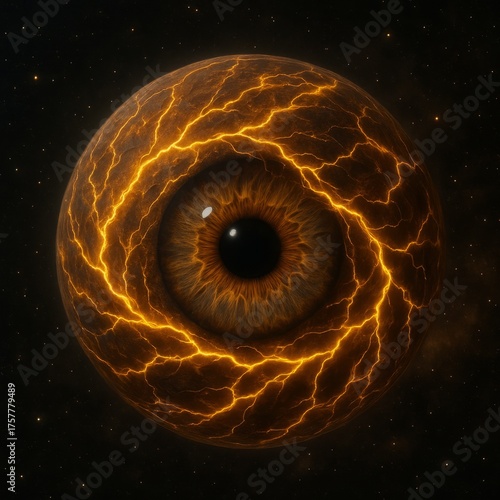 Glowing eye with a black pupil is surrounded by a bright orange glow. The eye is surrounded by a storm of sparks and lightning bolts, creating a sense of danger and intensity
