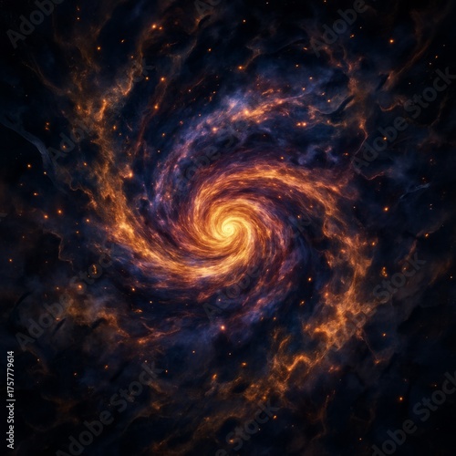 Spiral galaxy with a bright orange center. The galaxy is surrounded by a dark blue background. The stars in the galaxy are scattered throughout the image, with some closer to the center