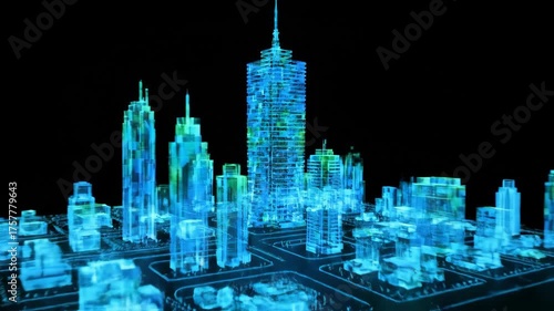 Digital light point connecting to a growing futuristic city. Big data visualization in a modern smart metropolis. Technology footage.
