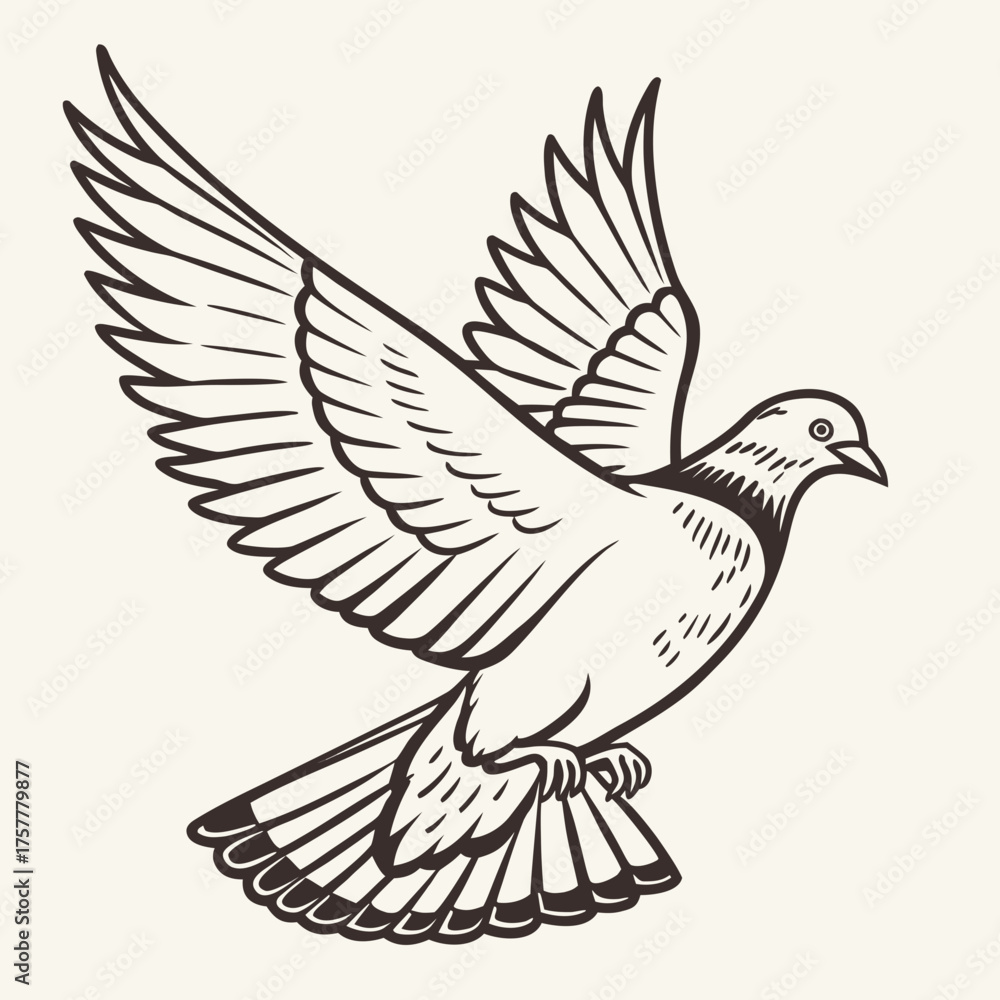 Fototapeta premium Pigeon Spreading Wings Rough Wood Block Print Style Vector Illustration