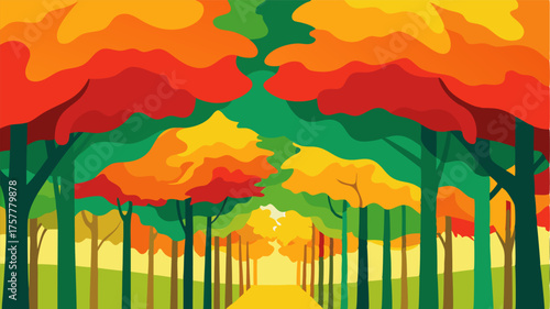 A canopy of deciduous trees in varying shades of green transforms into a mosaic of bright oranges reds and yellows during autumn.