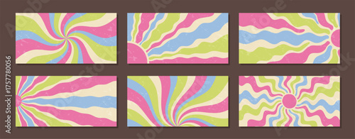 Groovy psychedelic retro sun burst pattern set with wavy swirl backgrounds and grunge effect. Horizontal sunshine and wave, y2k style in grungy shapes, create playful sun an abstract retro set.