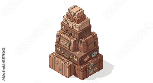 Whimsical luggage tower, a stack of vintage travel suitcases illustration