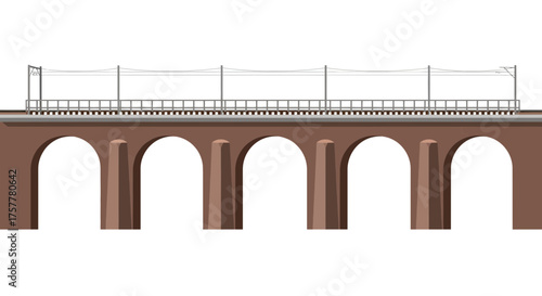 Architectural railway viaduct with overhead electrical cabling in cartoon style
