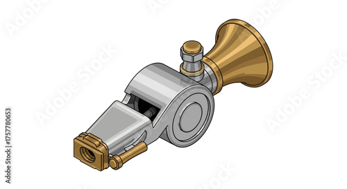 Artistic depiction of a vintage metallic whistle isolated on white backdrop