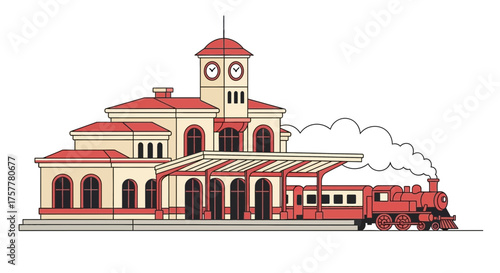 Cartoon Railway Station with Steam Train Departing, Transportation Concept