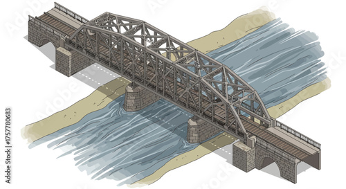 Artistic Representation of Truss Bridge Across a River with Detailed Structure