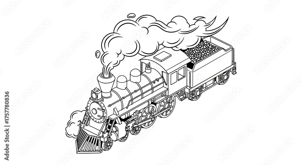 Obraz premium Detailed outline of a classic steam locomotive with smoke billowing out