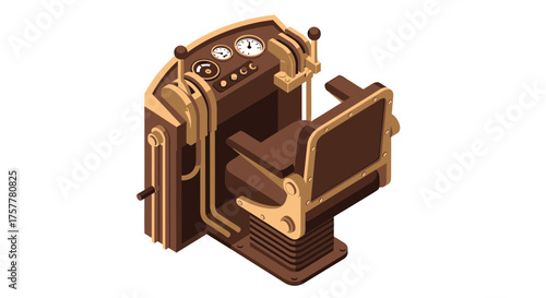 Detailed isometric illustration of a vintage industrial control seat cabin