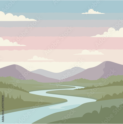 Peaceful Mountain Valley Landscape with River and Pastel Sky Illustration