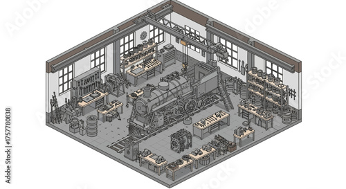 Detailed Isometric Illustration of a Vintage Train Repair Workshop Interior