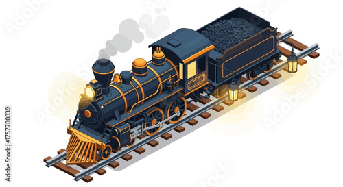 Detailed isometric vector illustration of a vintage coal-powered steam train