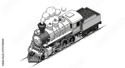 Detailed Monochrome Illustration of a Classic Steam Locomotive Train