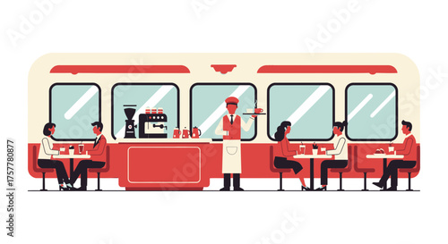 Flat design illustration of people dining in a charming retro-style diner car
