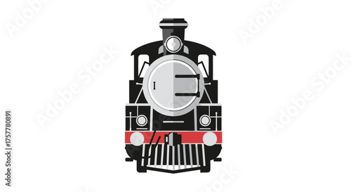 Frontal presentation of a robust steam locomotive with bold simplistic lines