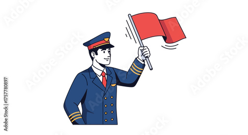 Illustrated pilot waving a red flag, signaling attention or direction