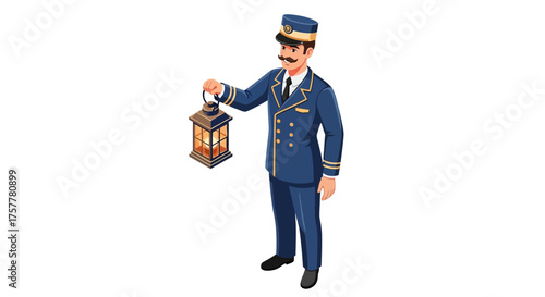 Illustrated Train Conductor Holding a Lantern for rail safety protocol