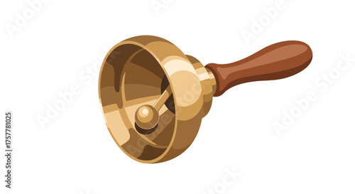 Illustrative golden hand bell with wooden handle isolated on white background