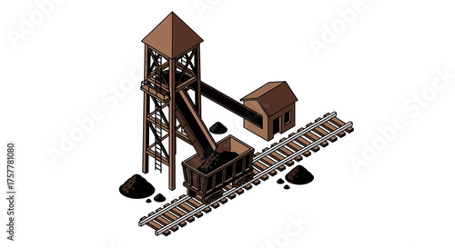 Isometric coal mine scene showcasing tower, tracks, and filled cart