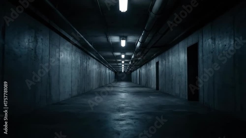 Long dark concrete tunnel with fluorescent lights and pipes. Scary underground corridor or basement bunker with industrial infrastructure.