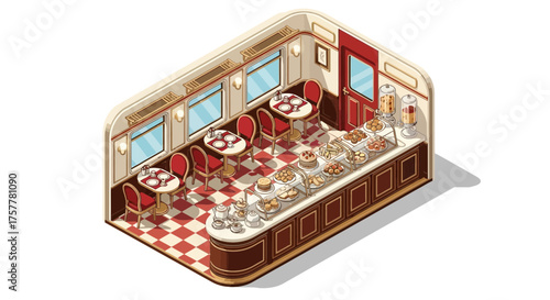 Isometric cozy confectionery shop with dessert display and seating area