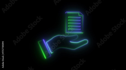 Neon light effect animation of a hand icon holding a document,Neon document file icon glowing animated black background.4k