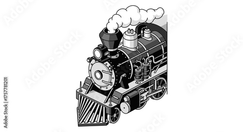 Isometric illustration of a vintage steam locomotive train engine