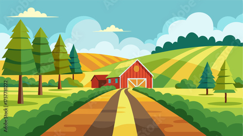 A peaceful country road lined with tall trees leading to a picturesque farmstead surrounded by lush meadows and colorful fields.