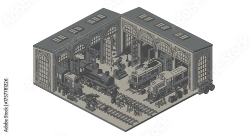 Isometric Illustration of a Train Depot with Various Locomotives Inside