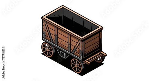 Isometric illustration of a vintage wooden mine cart on white background