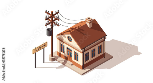 Isometric illustration of vintage house with telegraph pole and signage