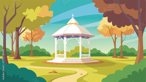 An idyllic scene of a little white gazebo standing proudly in the middle of a serene park surrounded by trees that have shed their leaves but not their beauty.