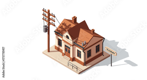 Isometric Telegraph Office Illustration with a Vintage Communication Style