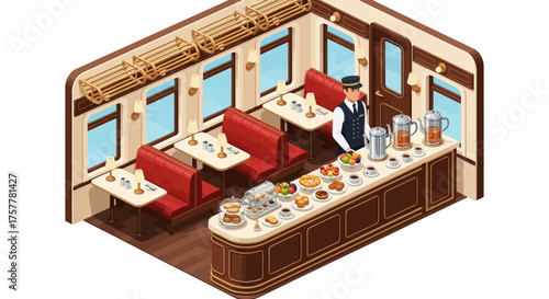 Isometric train dining car illustration with food and attendant on duty
