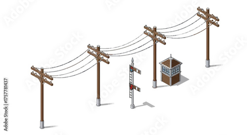 Isometric vector art representing classic railway infrastructure elements