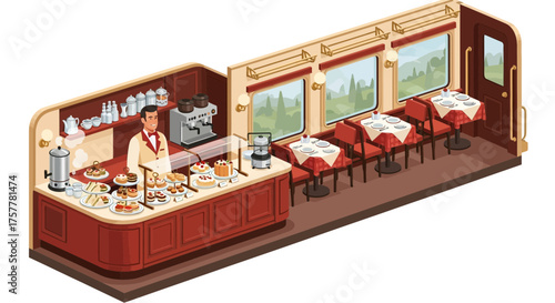 Isometric view of a luxurious train dining car with waiter and desserts