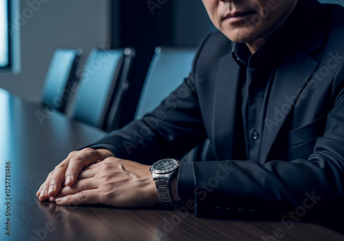 Stylish corporate scene featuring a man’s hands on a wooden table, black suit, and stainless watch. Minimalist office lighting highlights modern professionalism.
