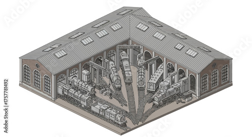 Isometric view of a vintage train depot with multiple locomotives in a cartoon style